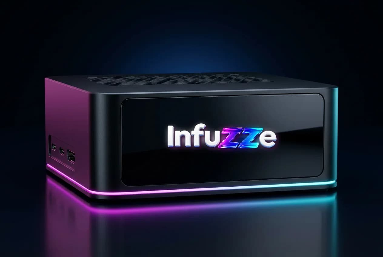 Infuzze Engine mini PC with the Infuzze logo on its front panel